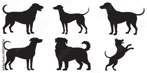 Dog Silhouette Icons – Black Vector Set of Standing & Playful Canine Poses