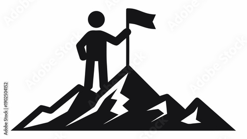 Person achieving success standing on mountain peak with flag