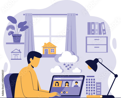 Remote work concept with people having a video conference call from home office.