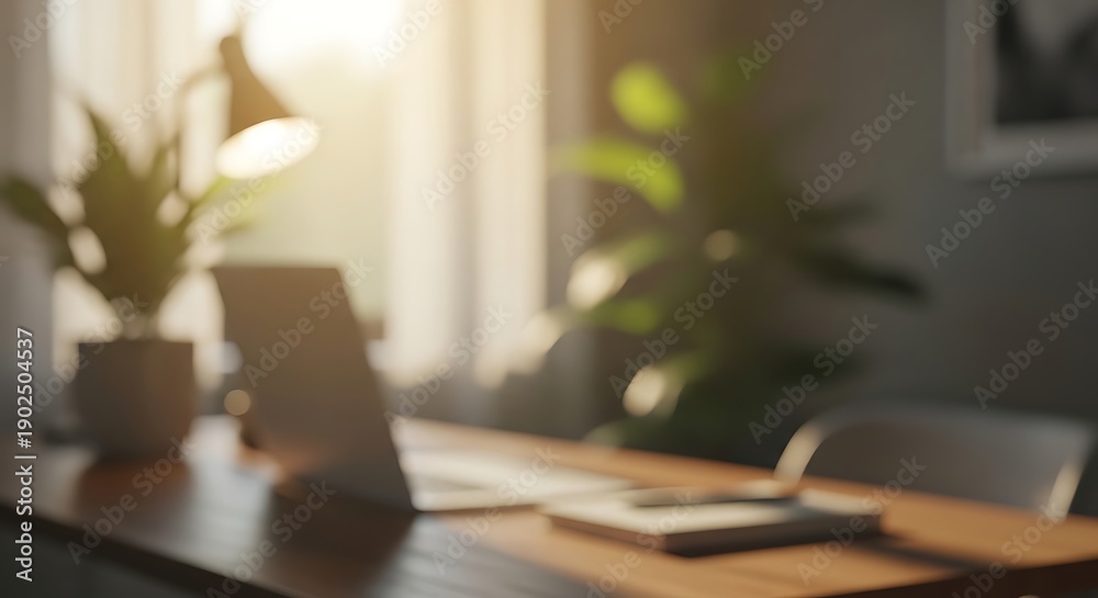 Fototapeta premium Modern home office desk with laptop, plants, and warm sunlight for productivity