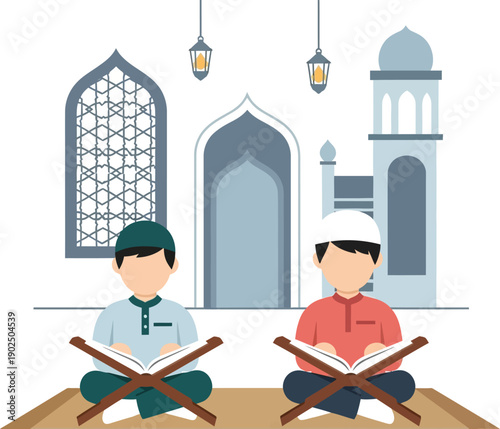 Two Muslim boys sitting and reading the Holy Quran together in a mosque.