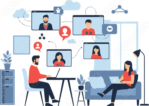 Remote work concept with people having a video conference call from home office.