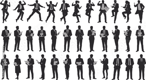 Business people silhouettes set, corporate professionals reading documents, dancing poses, office workers collection isolated on white background vector illustration bundle