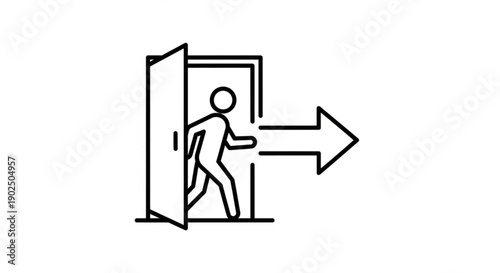 Person stepping through open doorway with large arrow