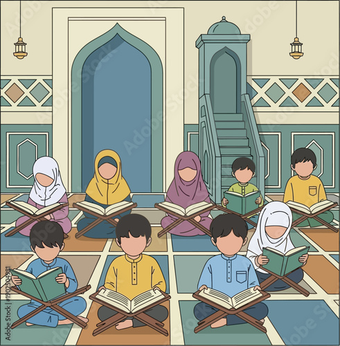 Group of Muslim children reading the Holy Quran in a mosque or Madrasa interior
