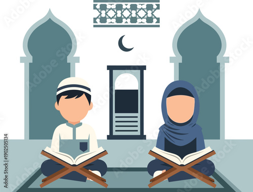 Two Muslim boys sitting and reading the Holy Quran together in a mosque.