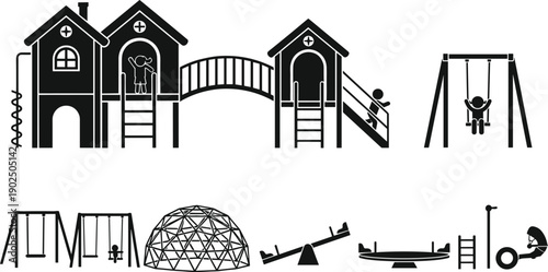 Children playground equipment silhouettes collection with slides, swings, climbing dome and seesaw isolated vector illustration park play structures set