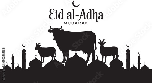Islamic Eid Al Adha Celebration Flat Background with Sacrificial Animals Silhouette