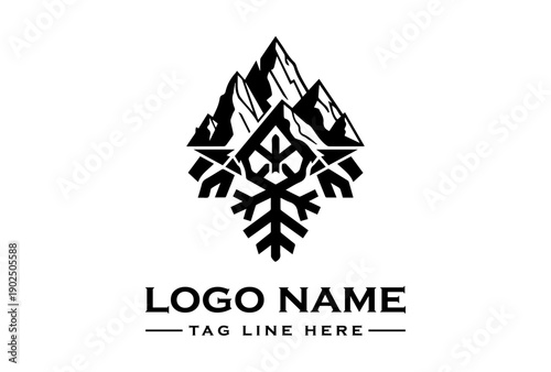 Black and white logo design featuring a stylized snowflake and mountain peaks with a tagline on a clean white background.