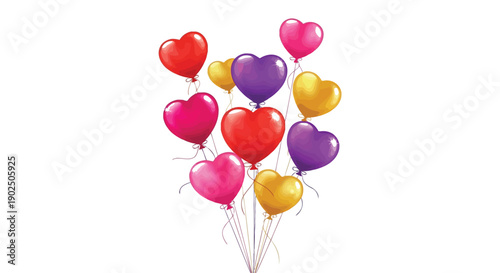 A vibrant bouquet of shiny, colorful heart shaped balloons floats gracefully isolated against white