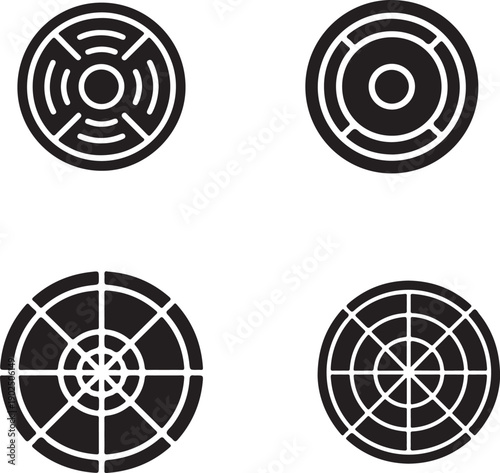 Ventilation Grille Icons – Black & White Circular Vector Set with Geometric Line Patterns