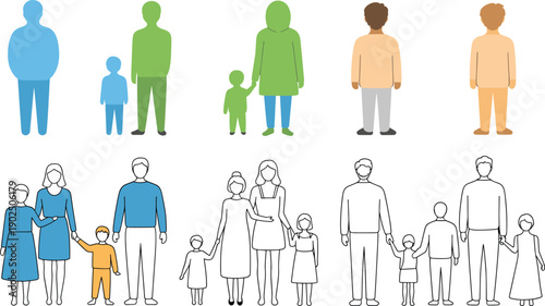 Family people illustration set showing adults and children together, parents with kids, flat vector characters, colorful and outline styles
