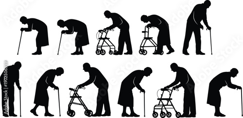 Set of Black Silhouette Vector Illustrations Featuring Diverse Senior Citizens Using Walking Sticks and Rollator Walkers for Geriatric Care and Elderly Lifestyle Designs