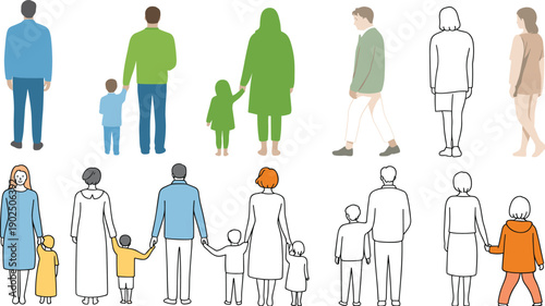 Family people illustration from back view showing parents and children walking, flat vector characters, colorful and outline style collection
