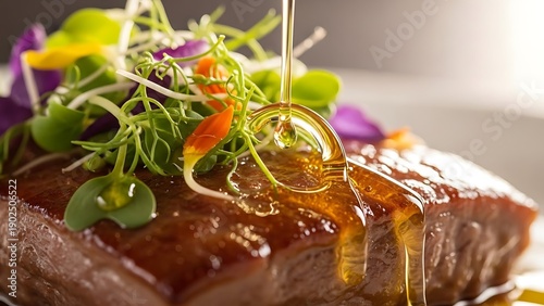 Gourmet Steak with Honey and Greens.