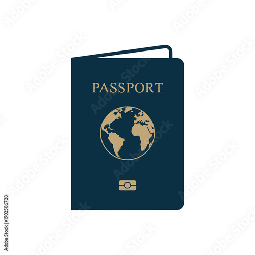 Blue passport with gold text and earth globe symbol illustration on white background travel document design