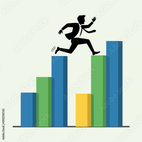 Businessman Running Up Bar Graph.