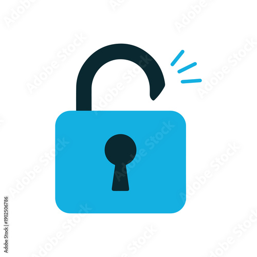 Open padlock graphic in blue and black with unlocking motion and keyhole detail for security concepts