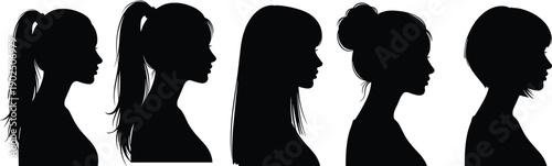 Set of Black Silhouette Vector Illustrations Featuring Five Diverse Women Profiles with Different Hairstyles Including Ponytail Bun and Bob Cut for Beauty Designs