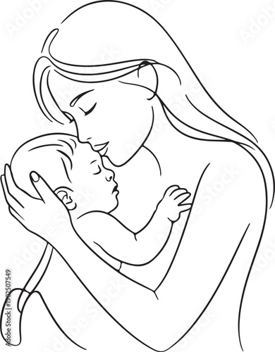 Mother and baby stylized vector symbol, mom hugs her child logo template