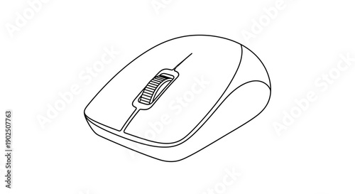 Line art drawing of an ergonomic computer mouse with scroll wheel, isolated white background.