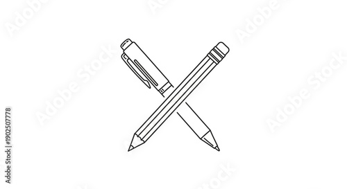 Crossed pen and pencil outline for writing and drawing on an isolated white background.