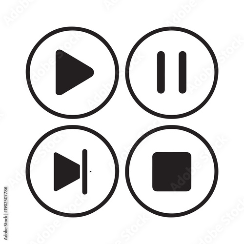 Media control icons play pause forward and stop in bold black and white design on clean minimalist digital interface