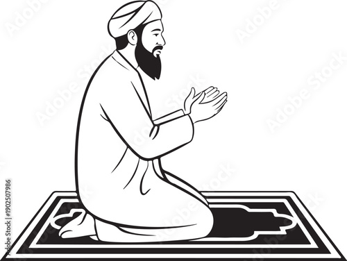 Muslim old man praying namaz. Sketching vector religion illustration