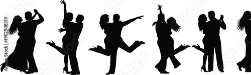 Set of Black Silhouette Vector Illustrations Featuring Romantic Couples Dancing in Various Elegant Poses for Wedding Anniversary Love and Celebration Graphic Design Projects,