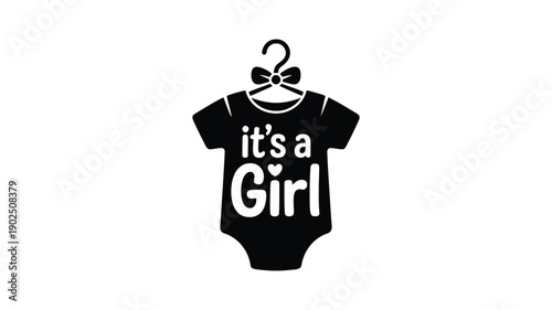 Black baby onesie with it's a girl text and bow on hanger