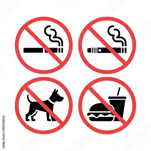 Four red prohibition signs illustrate restrictions on smoking vaping dogs and food items symbolically crossed out