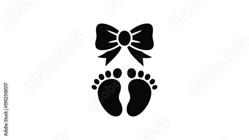 Black bow above baby footprints on white background