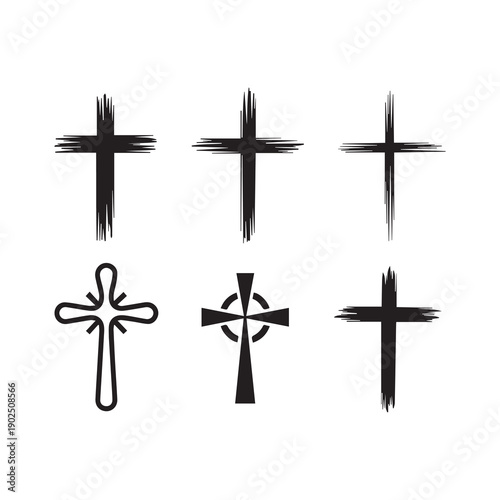 Black cross illustrations with varied designs including abstract celtic and grunge styles isolated on a clean white background for minimalist artwork
