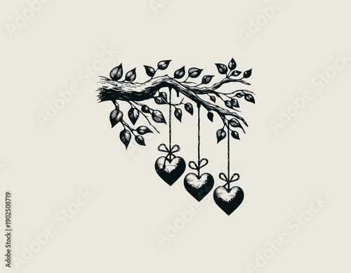 black line illustration shows hanging hearts suspended from wooden branch decorative romantic