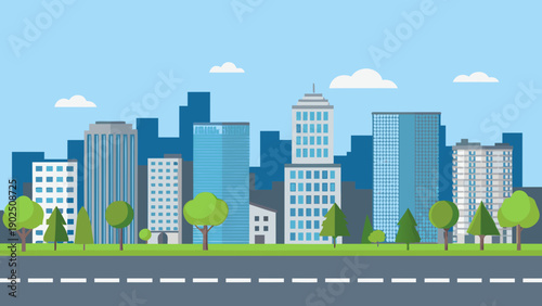 A simplified illustration depicts a modern city skyline with blue buildings