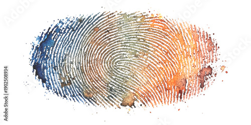 Unique fingerprint with colorful watercolor splashes and textured effect, representing identity and individuality