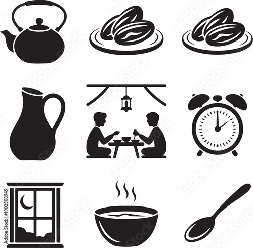 Ramadan iftar meal icons set silhouette featuring dates tea kettle clock lantern and people sharing food