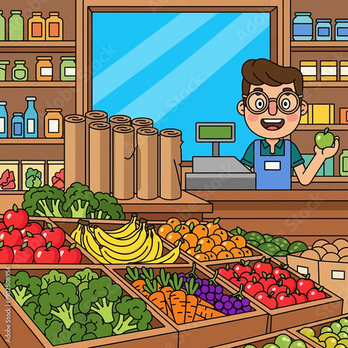 Cartoon Grocery Store Clerk Smiling.