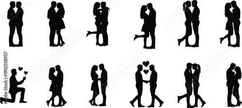 Set of Black Silhouette Vector Illustrations Featuring Romantic Couples Embracing Kissing and Proposing for Wedding Valentine's Day and Love Themed Graphic Design Projects,
