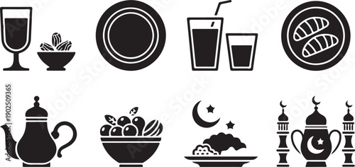 Ramadan Kareem Vector Illustration of Iftar Meal Icons