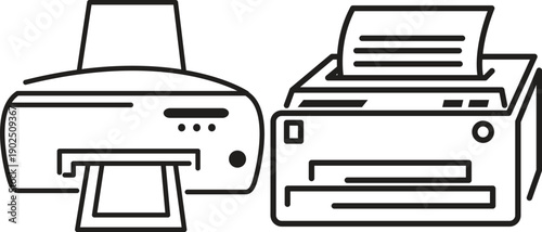A simple black and white line drawing depicts two office machines a printer and a fax machine side by side