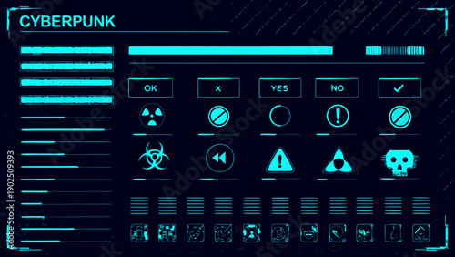Cyberpunk interface with vibrant blue digital elements and warning symbols