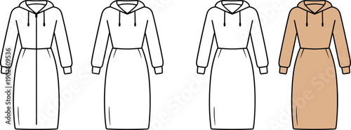 Hoodie dress fashion flat sketch set, women casual long sweatshirt dress, front view, outline and colored vector illustration