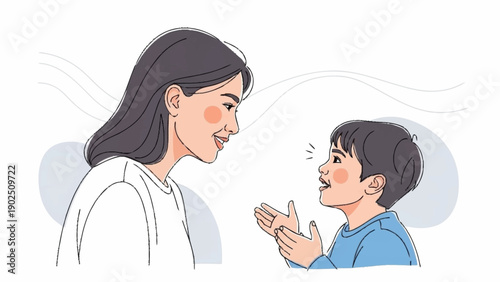 Mother and child talking and smiling together happily.