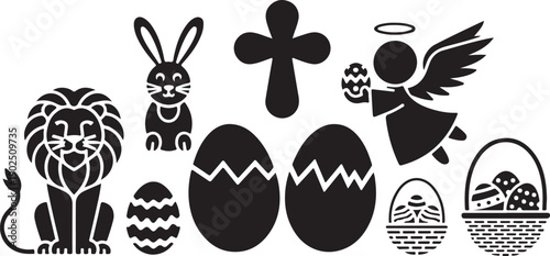 Religious easter symbols cross angel lion rabbit eggs basket black silhouette vector illustration