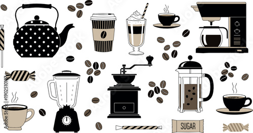 Coffee and tea illustration set with cups kettle french press grinder blender coffee machine beans and sweets in classic flat silhouette style for cafe designs