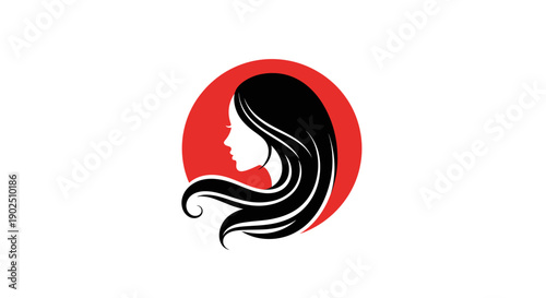 Elegant Woman Silhouette with Flowing Hair in Red Circle.