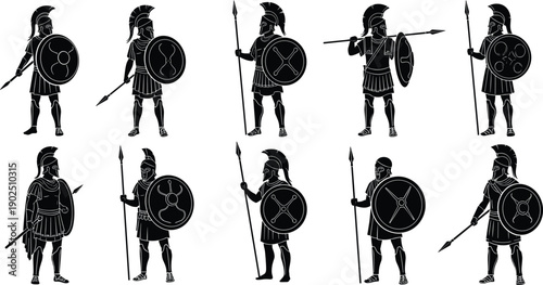 Ancient Greek warrior silhouette icon set, hoplite soldier, spear shield, helmet crest, battle pose, vector illustration, black pictogram, history, culture, heritage