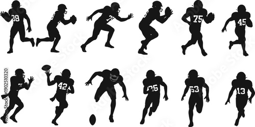 American football player silhouette icon set, sports action, quarterback throw, receiver catch, tackle motion, vector illustration, black pictogram, athletic pose, game