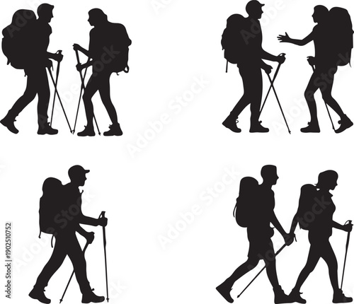 Set of Hiking Couple Silhouette in various poses isolated on transparent background